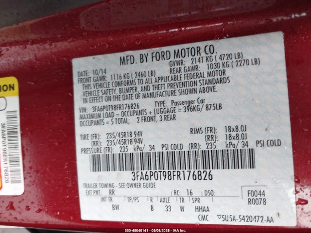 2015 Ford Fusion Se მანქანა იყიდება აუქციონზე, vin: 3FA6P0T98FR176826, აუქციონის ნომერი: 45040141