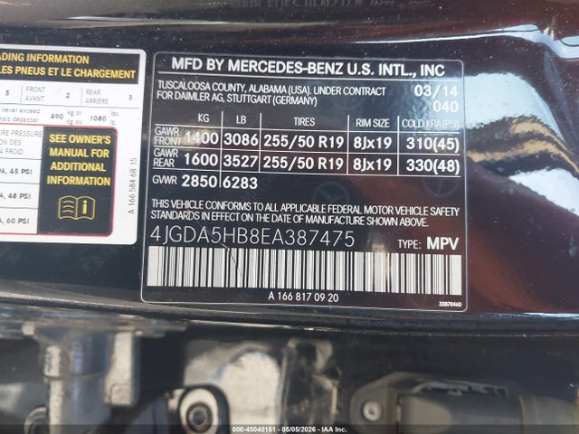 Продаж на аукціоні авто 2014 Mercedes-benz Ml 350 4matic, vin: 4JGDA5HB8EA387475, номер лоту: 45040151