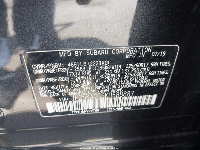 Aukcja sprzedaży 2019 Subaru Forester, vin: JF2SKACC9KH588887, numer aukcji: 45040156