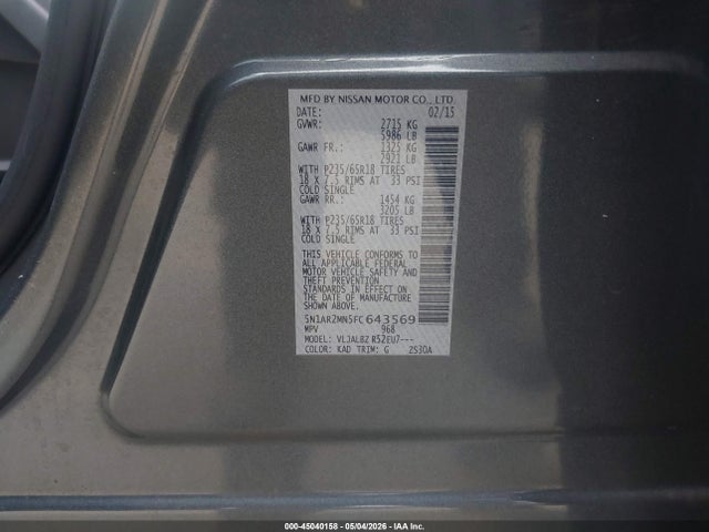 45040158 :رقم المزاد ، 5N1AR2MN5FC643569 vin ، 2015 Nissan Pathfinder S مزاد بيع
