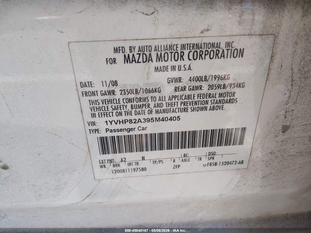 Продаж на аукціоні авто 2009 Mazda Mazda6 I Touring, vin: 1YVHP82A395M40405, номер лоту: 45040167