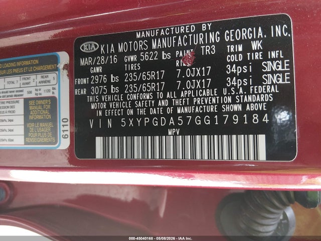 Продаж на аукціоні авто 2016 Kia Sorento 3.3l Lx, vin: 5XYPGDA57GG179184, номер лоту: 45040168
