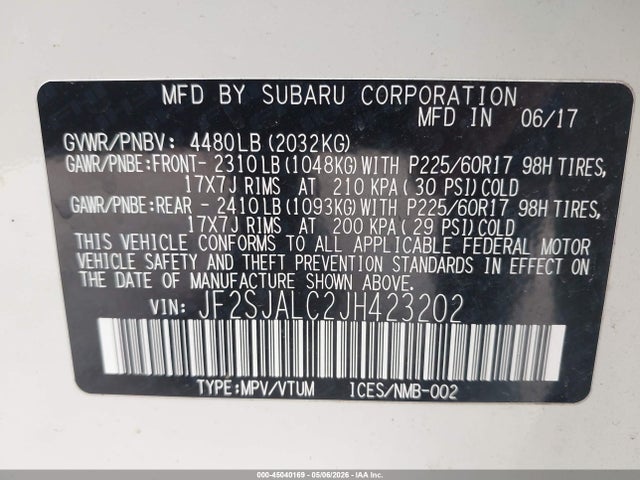 45040169 :رقم المزاد ، JF2SJALC2JH423202 vin ، 2018 Subaru Forester 2.5i Limited مزاد بيع