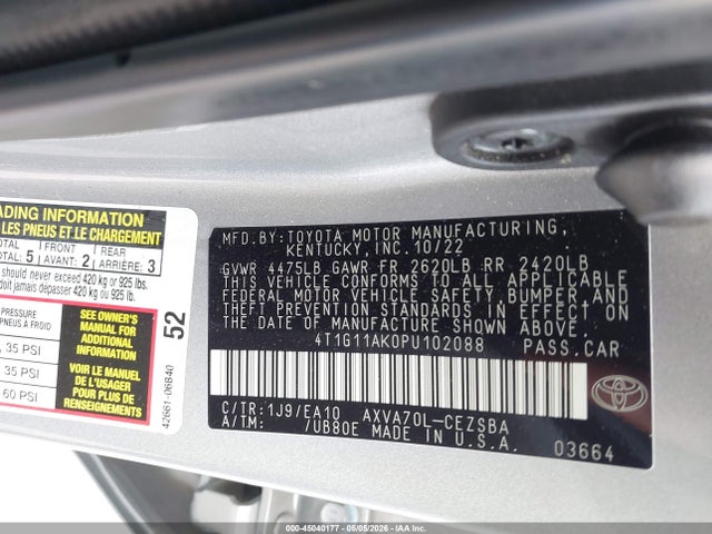 Aukcja sprzedaży 2023 Toyota Camry Se, vin: 4T1G11AK0PU102088, numer aukcji: 45040177