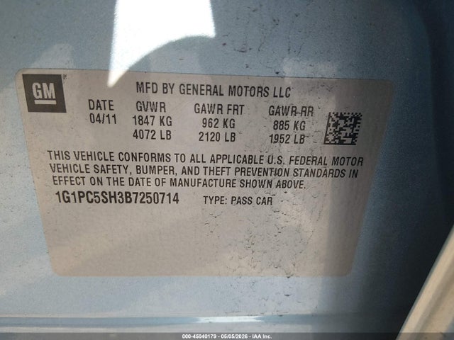 45040179 :رقم المزاد ، 1G1PC5SH3B7250714 vin ، 2011 Chevrolet Cruze Ls مزاد بيع