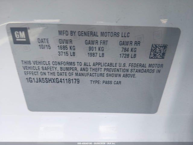 Aukcja sprzedaży 2016 Chevrolet Sonic Ls Auto, vin: 1G1JA5SHXG4118179, numer aukcji: 45040190