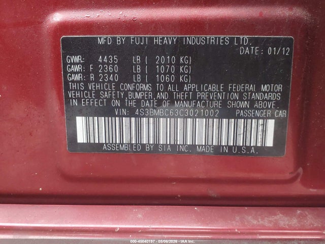 Продажа на аукционе авто 2012 Subaru Legacy 2.5i Premium, vin: 4S3BMBC63C3021002, номер лота: 45040197