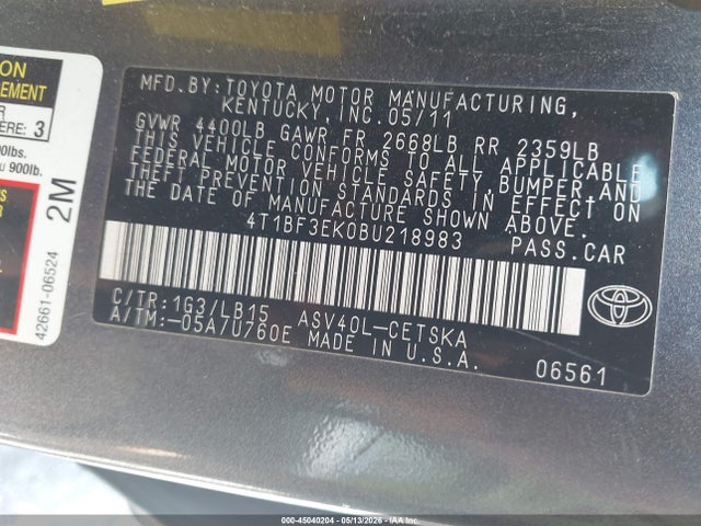2011 Toyota Camry Se მანქანა იყიდება აუქციონზე, vin: 4T1BF3EK0BU218983, აუქციონის ნომერი: 45040204