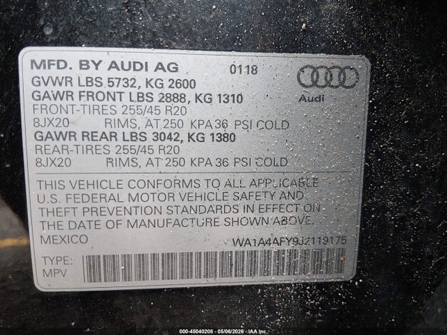 Продаж на аукціоні авто 2018 Audi Sq5 3.0t Premium Plus, vin: WA1A4AFY9J2119175, номер лоту: 45040208