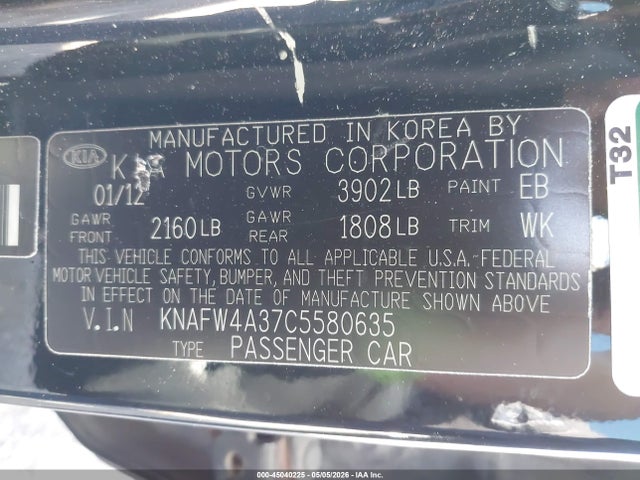 Aukcja sprzedaży 2012 Kia Forte Sx, vin: KNAFW4A37C5580635, numer aukcji: 45040225