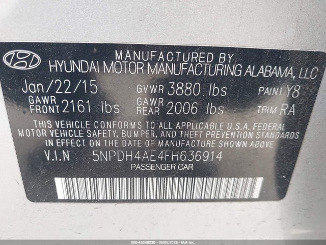 5NPDH4AE4FH636914 Hyundai ELANTRA SE