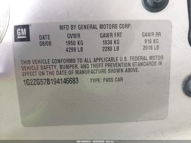 2009 Pontiac G6 მანქანა იყიდება აუქციონზე, vin: 1G2ZG57B194146683, აუქციონის ნომერი: 45040241