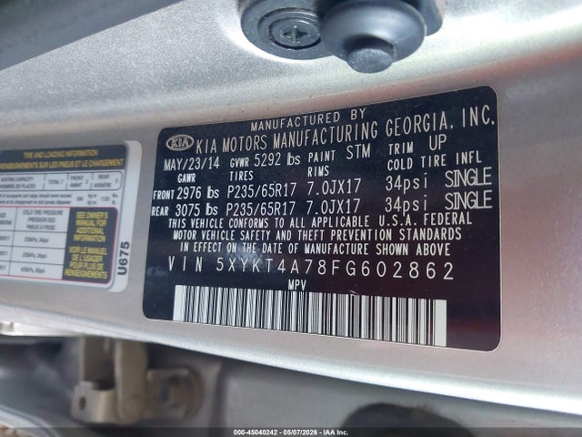 Продажа на аукционе авто 2015 Kia Sorento Lx V6, vin: 5XYKT4A78FG602862, номер лота: 45040242