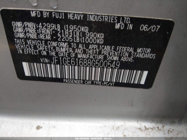 Продаж на аукціоні авто 2008 Subaru Impreza  (natl) I, vin: JF1GE61688G500549, номер лоту: 45040250