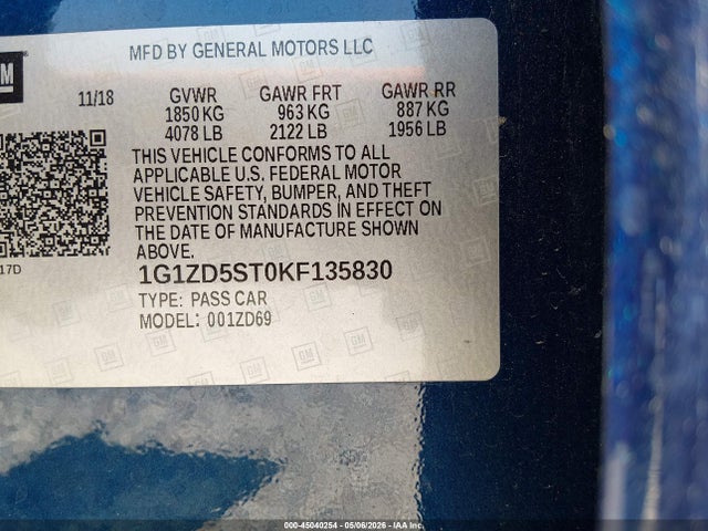 Продажа на аукционе авто 2019 Chevrolet Malibu Lt, vin: 1G1ZD5ST0KF135830, номер лота: 45040254