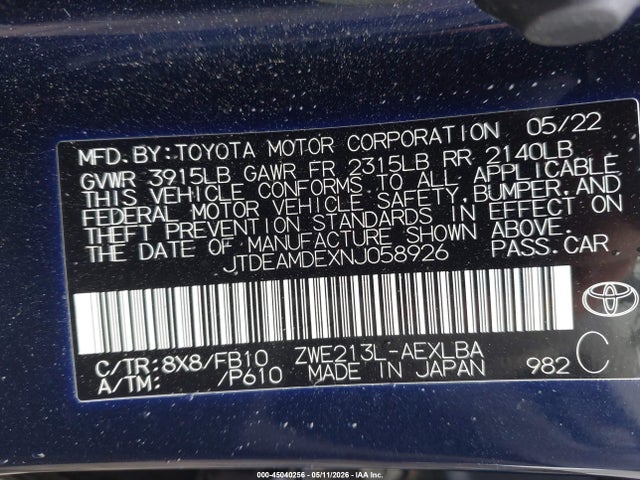 45040256 :رقم المزاد ، JTDEAMDEXNJ058926 vin ، 2022 Toyota Corolla Hybrid Le مزاد بيع