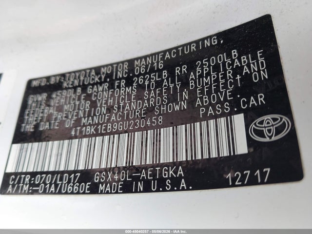 2016 Toyota Avalon Xle მანქანა იყიდება აუქციონზე, vin: 4T1BK1EB9GU230458, აუქციონის ნომერი: 45040257