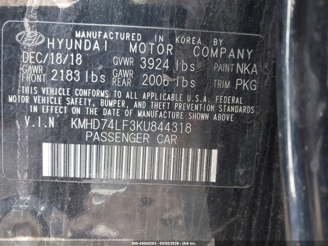 Aukcja sprzedaży 2019 Hyundai Elantra Se, vin: KMHD74LF3KU844318, numer aukcji: 45040263