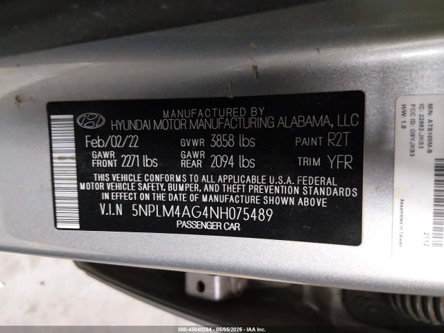 45040264 :رقم المزاد ، 5NPLM4AG4NH075489 vin ، 2022 Hyundai Elantra Sel مزاد بيع