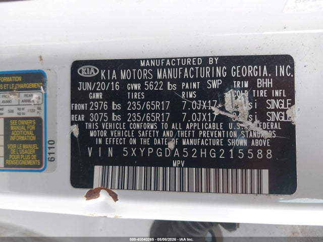 Продажа на аукционе авто 2017 Kia Sorento 3.3l Lx, vin: 5XYPGDA52HG215588, номер лота: 45040265
