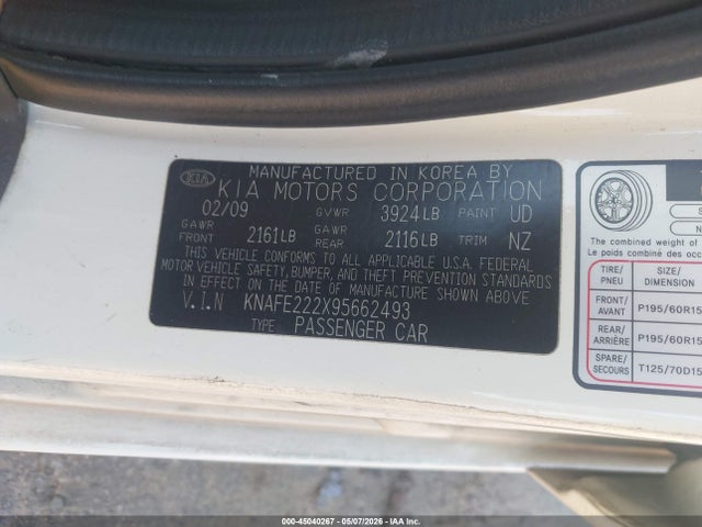 Продажа на аукционе авто 2009 Kia Spectra Ex, vin: KNAFE222X95662493, номер лота: 45040267