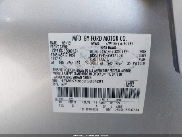 45040270 :رقم المزاد ، 1FM5K7B85DGB34281 vin ، 2013 Ford Explorer مزاد بيع