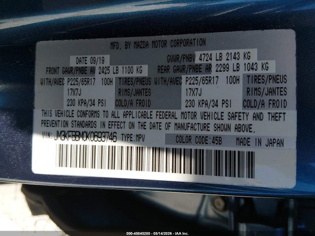 45040280 :رقم المزاد ، JM3KFBBM0K0693746 vin ، 2019 Mazda Cx-5 Sport مزاد بيع
