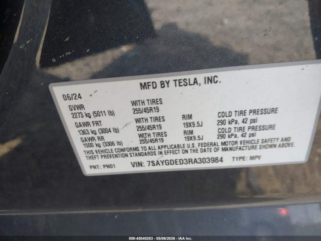 Aukcja sprzedaży 2024 Tesla Model Y Long Range Single Motor Rear-wheel Drive/rwd, vin: 7SAYGDED3RA303984, numer aukcji: 45040283