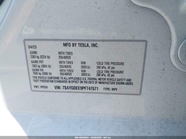 Aukcja sprzedaży 2023 Tesla Model Y Awd/long Range Dual Motor All-wheel Drive, vin: 7SAYGDEE9PF747671, numer aukcji: 45040294