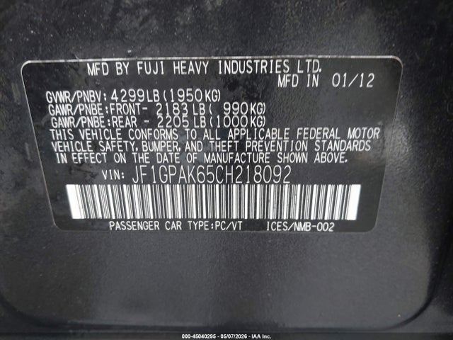 Aukcja sprzedaży 2012 Subaru Impreza 2.0i Limited, vin: JF1GPAK65CH218092, numer aukcji: 45040295