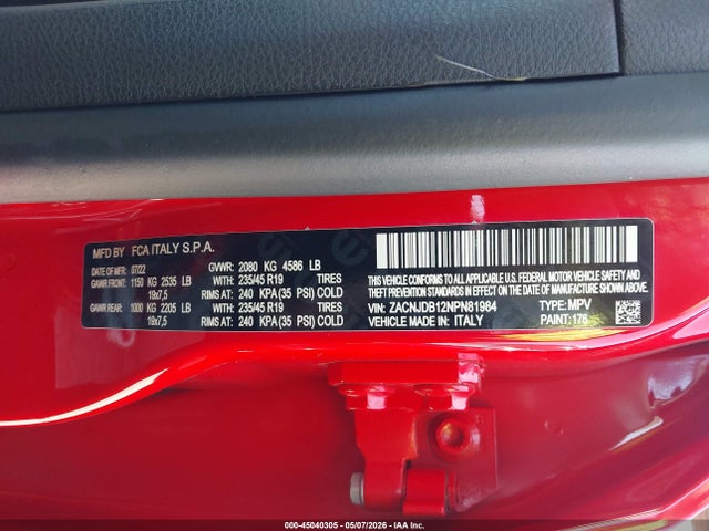 45040305 :رقم المزاد ، ZACNJDB12NPN81984 vin ، 2022 Jeep Renegade (red) Edition 4x4 مزاد بيع