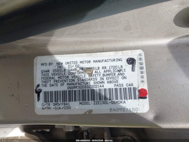 Продаж на аукціоні авто 2003 Toyota Corolla Ce, vin: 1NXBR32E83Z002144, номер лоту: 45040304