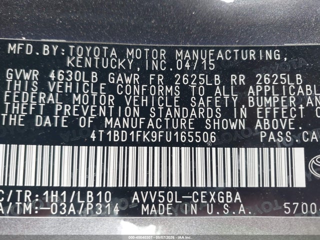 Aukcja sprzedaży 2015 Toyota Camry Hybrid Xle, vin: 4T1BD1FK9FU165506, numer aukcji: 45040307