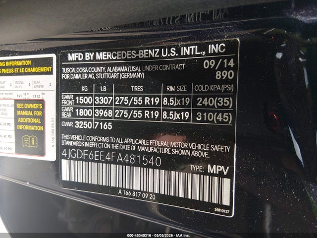 Aukcja sprzedaży 2015 Mercedes-benz Gl 450 4matic, vin: 4JGDF6EE4FA481540, numer aukcji: 45040316