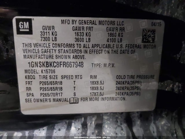 45040324 :رقم المزاد ، 1GNSKBKC8FR667948 vin ، 2015 Chevrolet Tahoe Lt مزاد بيع