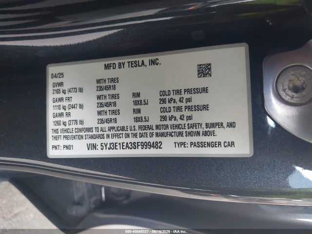 2025 Tesla Model 3 Long Range Rear-wheel Drive/standard Rear-wheel Drive მანქანა იყიდება აუქციონზე, vin: 5YJ3E1EA3SF999482, აუქციონის ნომერი: 45040327