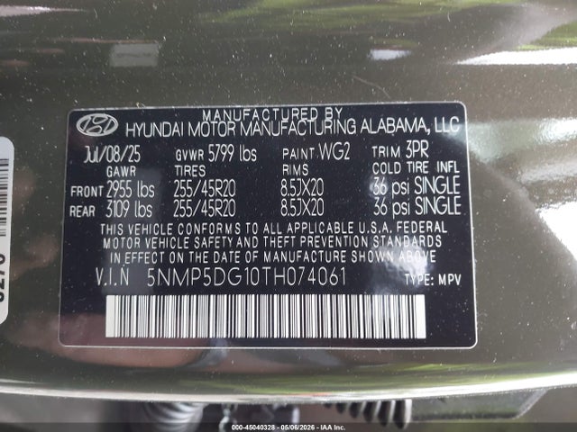 Продажа на аукционе авто 2026 Hyundai Santa Fe Hybrid Calligraphy, vin: 5NMP5DG10TH074061, номер лота: 45040328