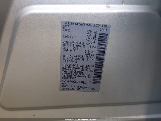 45040354 :رقم المزاد ، 5N1AR2MN0EC606301 vin ، 2014 Nissan Pathfinder Sl مزاد بيع