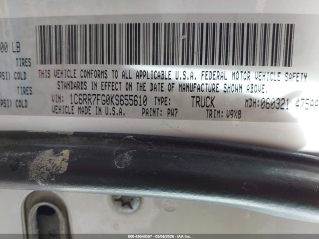 45040357 :رقم المزاد ، 1C6RR7FG0KS655610 vin ، 2019 Ram 1500 Classic Tradesman  4x4 6'4 Box مزاد بيع