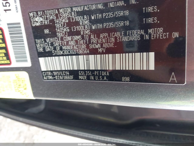 Aukcja sprzedaży 2016 Toyota Sienna Xle, vin: 5TDDK3DCXGS136564, numer aukcji: 45040360