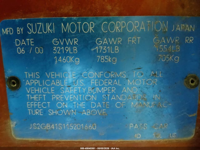 45040361 :رقم المزاد ، JS2GB41S115201660 vin ، 2001 Suzuki Esteem Gl/glx/glx+ مزاد بيع