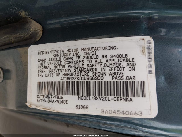 Auction sale of the 2001 Toyota Camry Le, vin: 4T1BG22K01U866933, lot number: 45040366