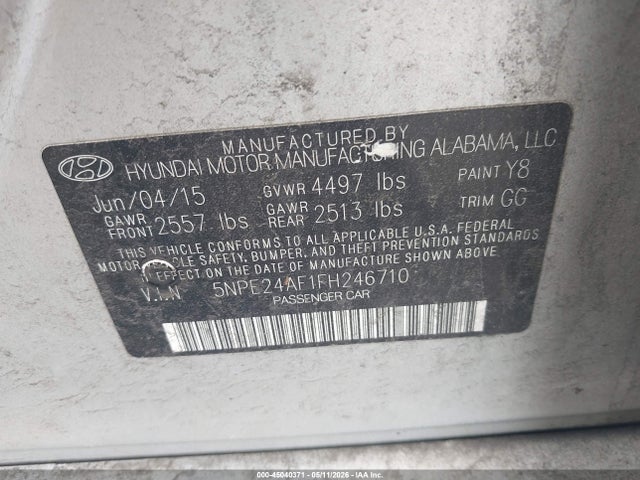 45040371 :رقم المزاد ، 5NPE24AF1FH246710 vin ، 2015 Hyundai Sonata Se مزاد بيع
