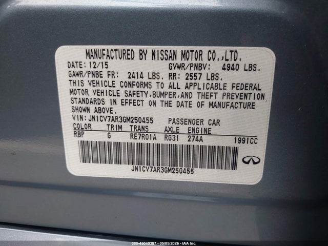 Aukcja sprzedaży 2016 Infiniti Q50 2.0t Premium, vin: JN1CV7AR3GM250455, numer aukcji: 45040387