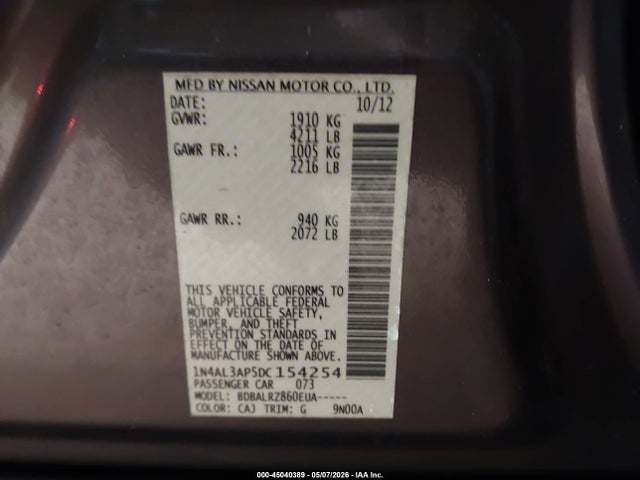 2013 Nissan Altima 2.5 S მანქანა იყიდება აუქციონზე, vin: 1N4AL3AP5DC154254, აუქციონის ნომერი: 45040389