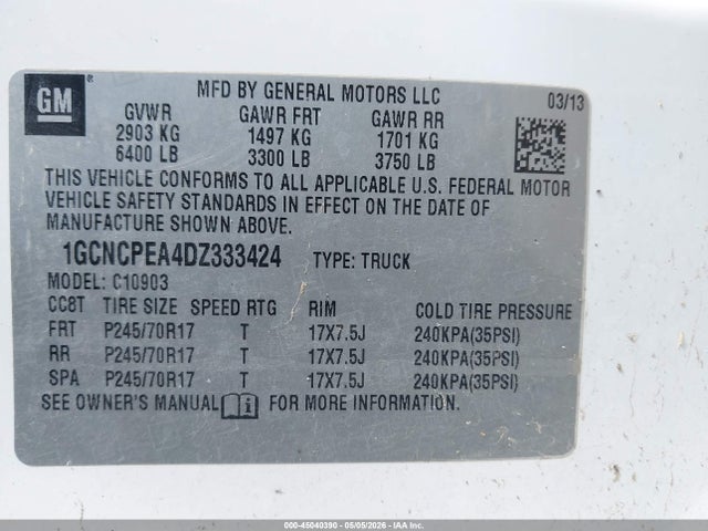 2013 Chevrolet Silverado 1500 Work Truck მანქანა იყიდება აუქციონზე, vin: 1GCNCPEA4DZ333424, აუქციონის ნომერი: 45040390