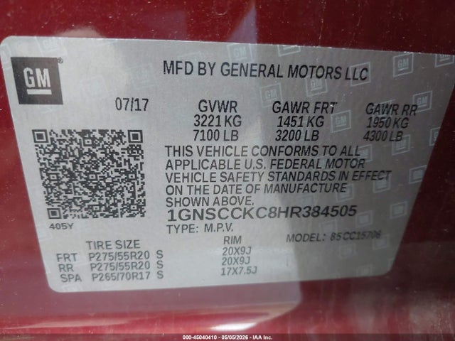 Aukcja sprzedaży 2017 Chevrolet Tahoe Premier, vin: 1GNSCCKC8HR384505, numer aukcji: 45040410