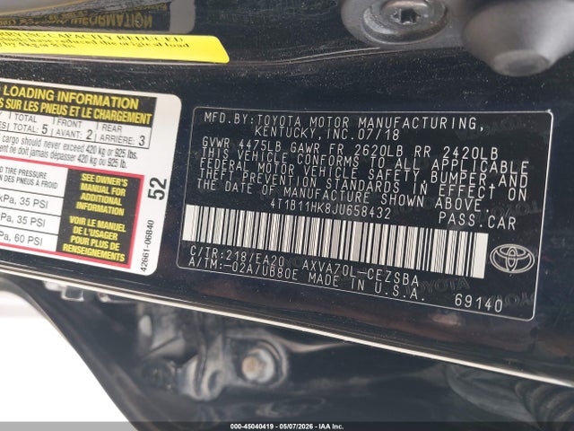 Toyota CAMRY SE 2018 4T1B11HK8JU658432 Image 9