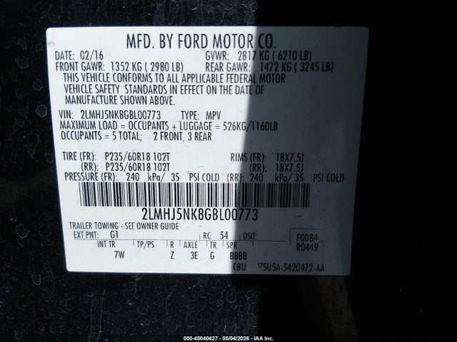 Продаж на аукціоні авто 2016 Lincoln Mkt Livery, vin: 2LMHJ5NK8GBL00773, номер лоту: 45040427