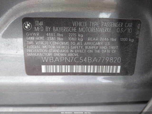 2011 Bmw 335d მანქანა იყიდება აუქციონზე, vin: WBAPN7C54BA779820, აუქციონის ნომერი: 45040431